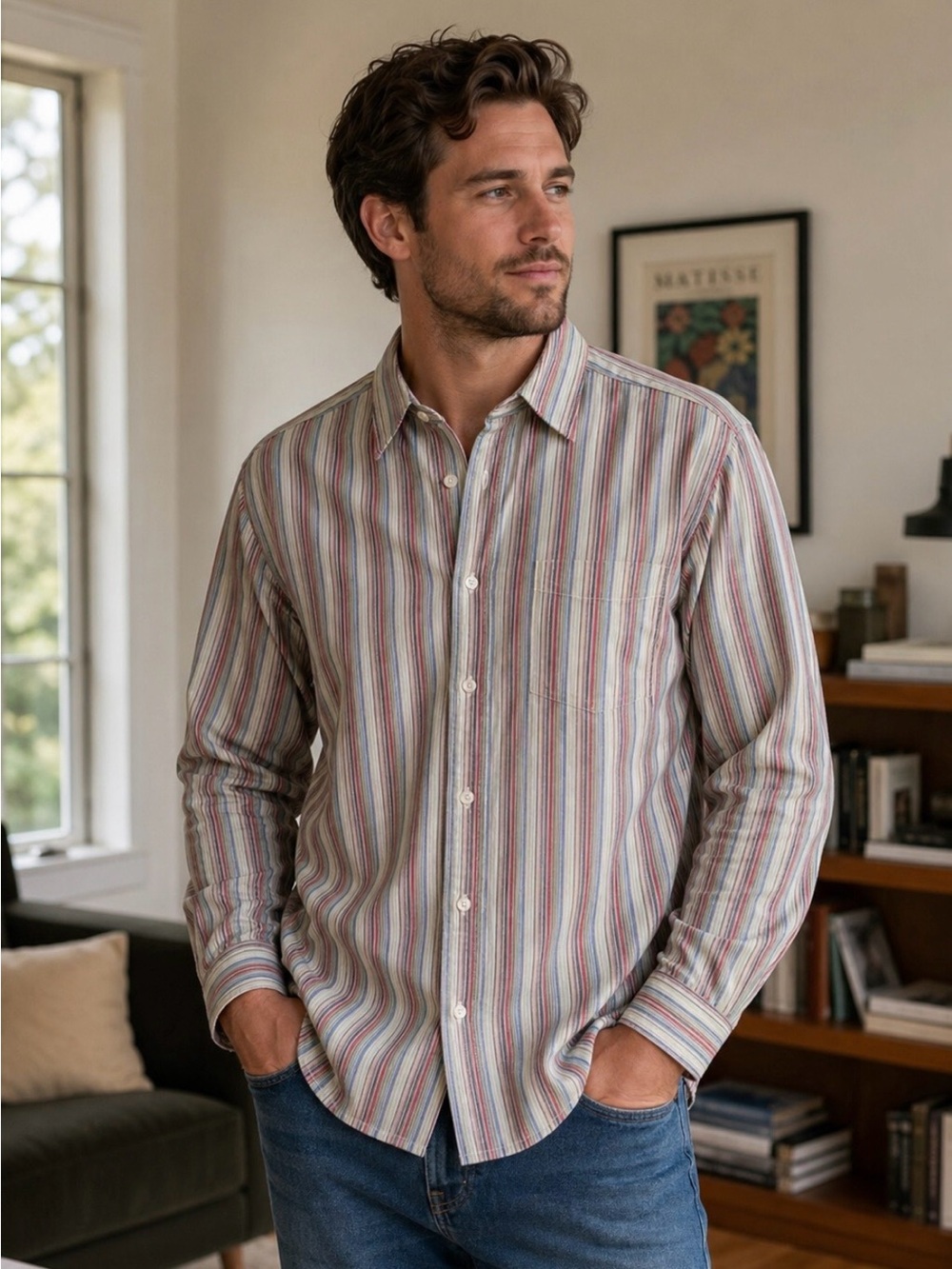 Eddie Bauer Colorful Striped Shirt 100% Cotton Lightweight Button Down Men XL